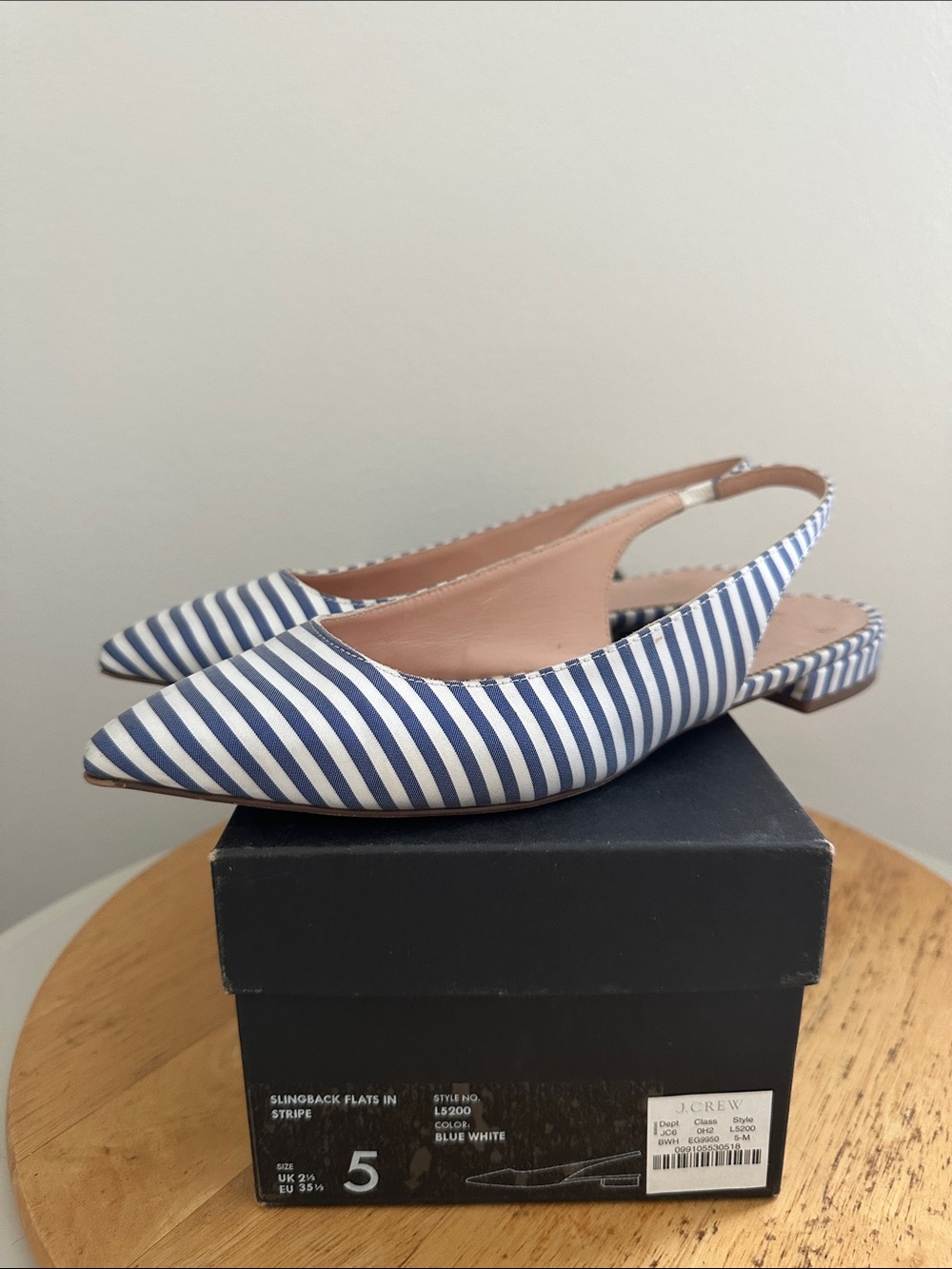 J. Crew Blue and White Striped Satin Slingback Flats size 5